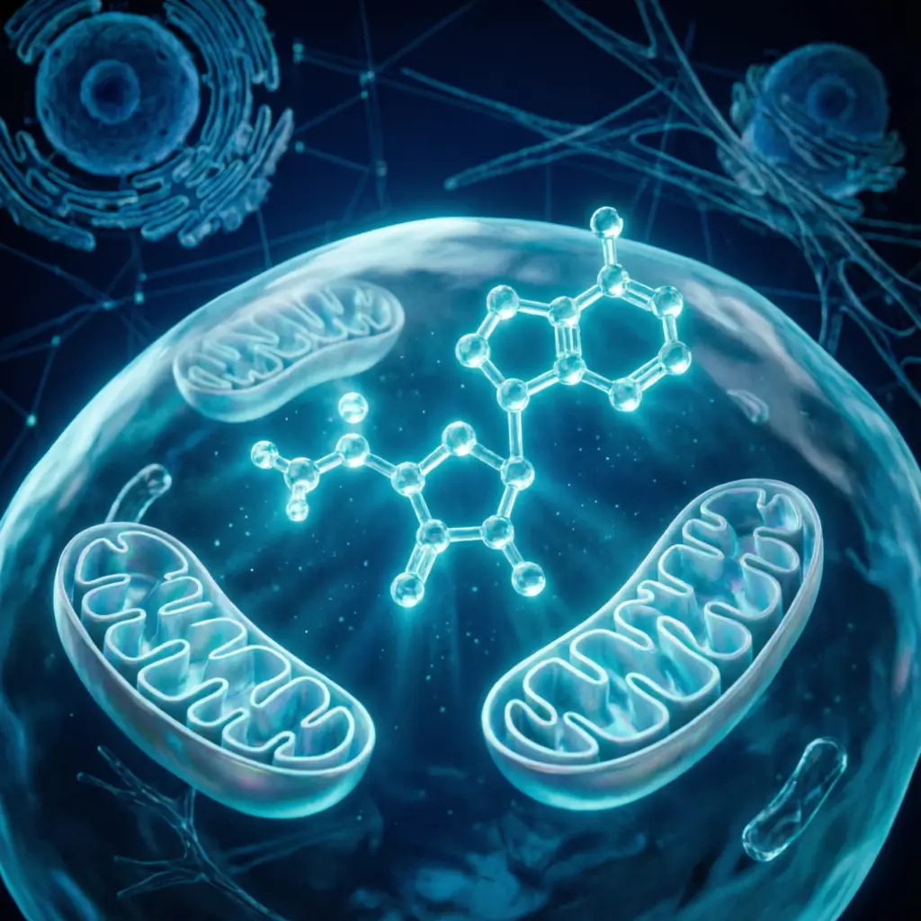 NAD+ coenzyme molecule and mitochondria inside a human cell for anti-aging supplements